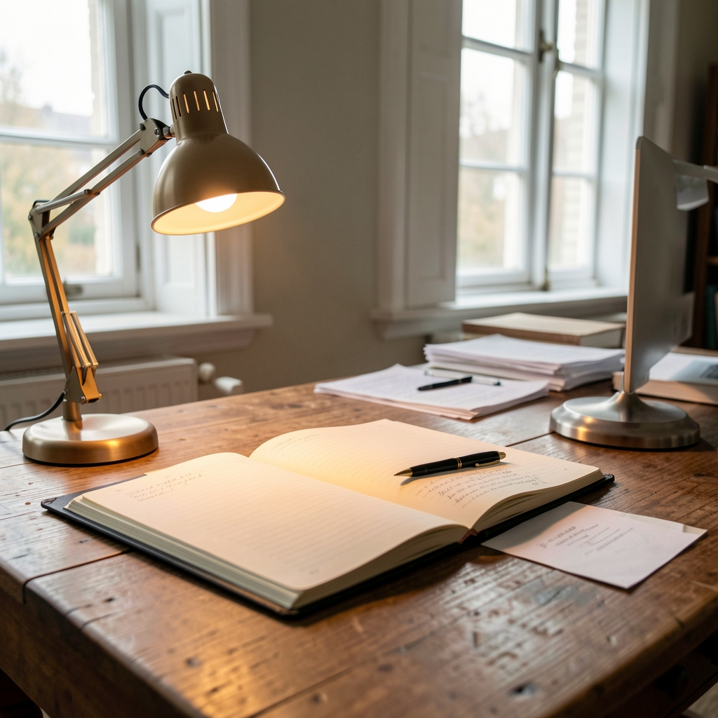 Editorial workspace with a well-worn leather notebook, two sharpened pencils, and a ceramic mug of tea on a warm-toned wooden desk, morning light