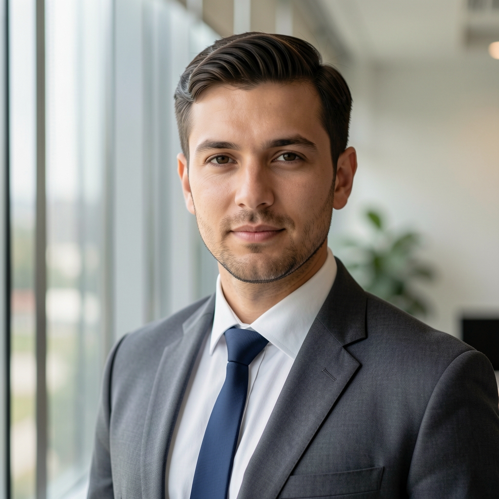 Portrait of a man standing near a large window in an office, natural light, professional and calm expression