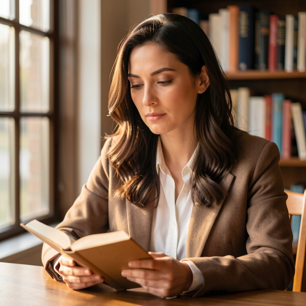 Portrait of a woman reading at a table near a window, warm natural light, thoughtful expression, books visible in background