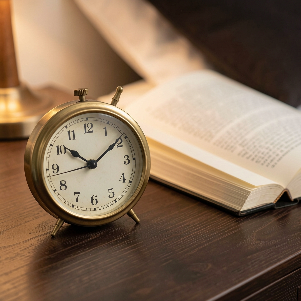 Close-up of an analogue clock resting beside an open journal on a dark wood surface, ambient bedside lighting, shallow focus