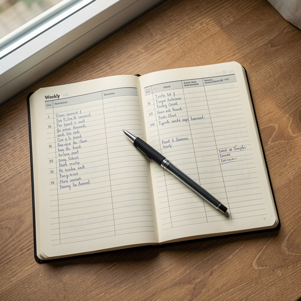 Overhead view of a training journal open to a weekly log page with handwritten notes, a pen resting across the page, natural daylight from a window