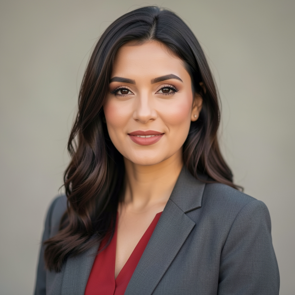 Editorial portrait of a woman in soft natural light, neutral background, professional composition