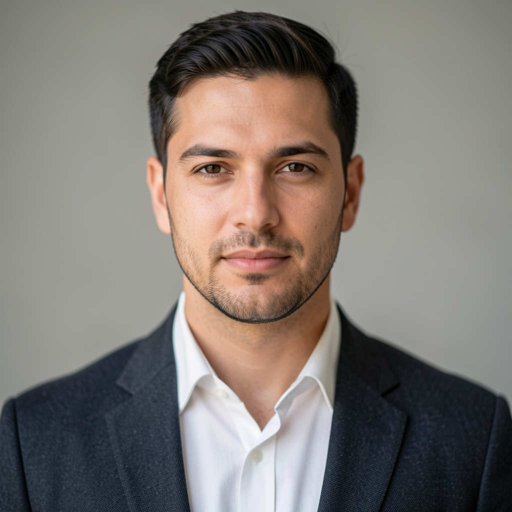 Editorial portrait of a man in natural daylight, neutral studio background, calm professional composition
