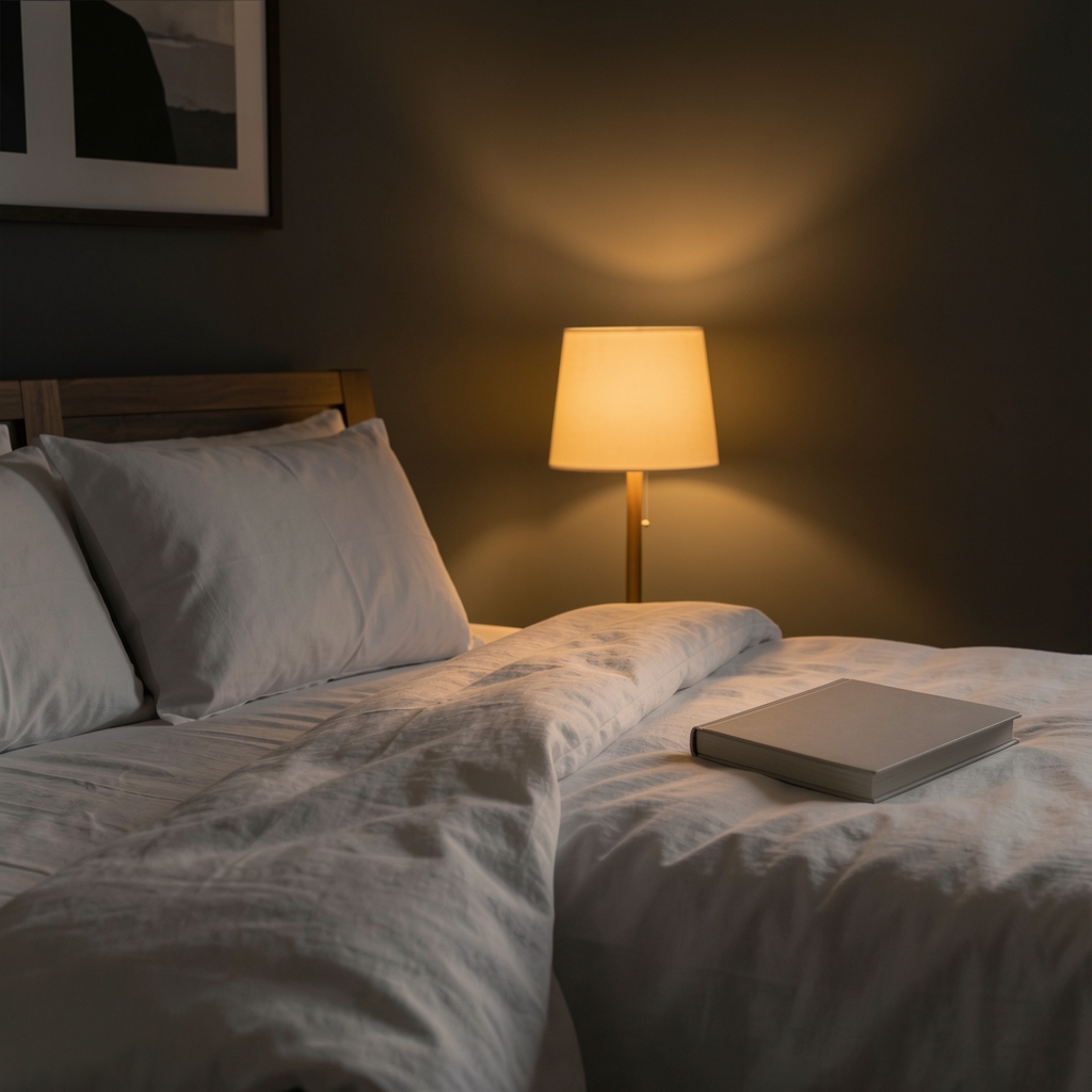 Dark, calm bedroom interior with soft amber bedside lamp casting warm light across white linen, a closed notebook resting on a wooden bedside table
