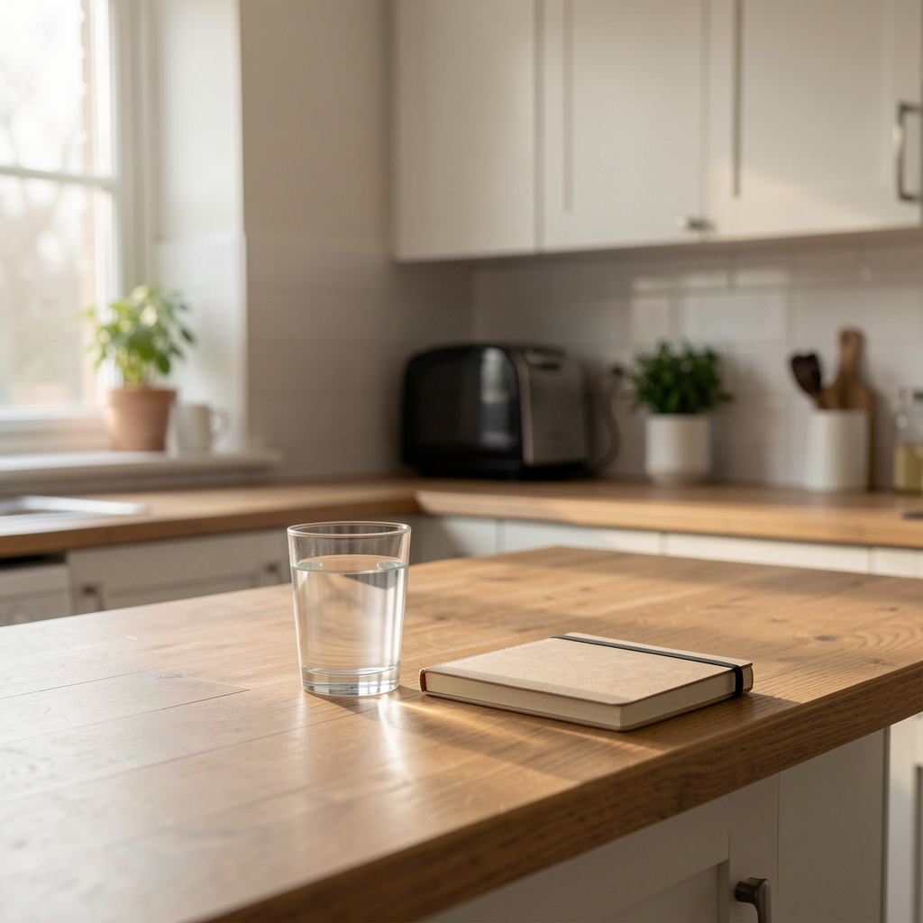 Quiet morning kitchen with natural light, a glass of water and a small notebook on a wooden counter, minimal composition