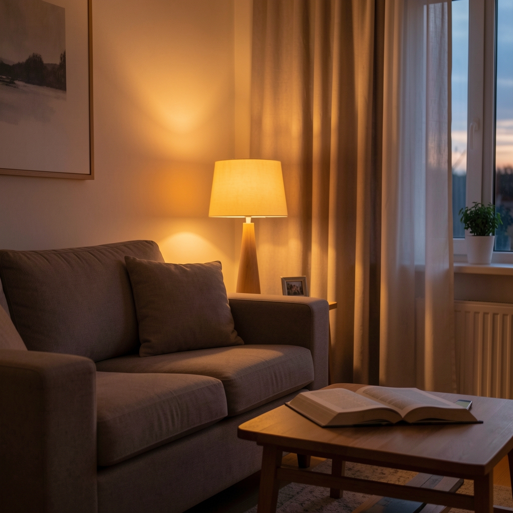 Living room at dusk with warm amber lamp light, a book open on a side table, curtains drawn, quiet evening composition